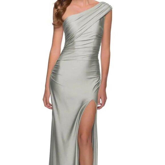 La Femme Silver Ruched One-Shoulder Shiny Jersey Gown